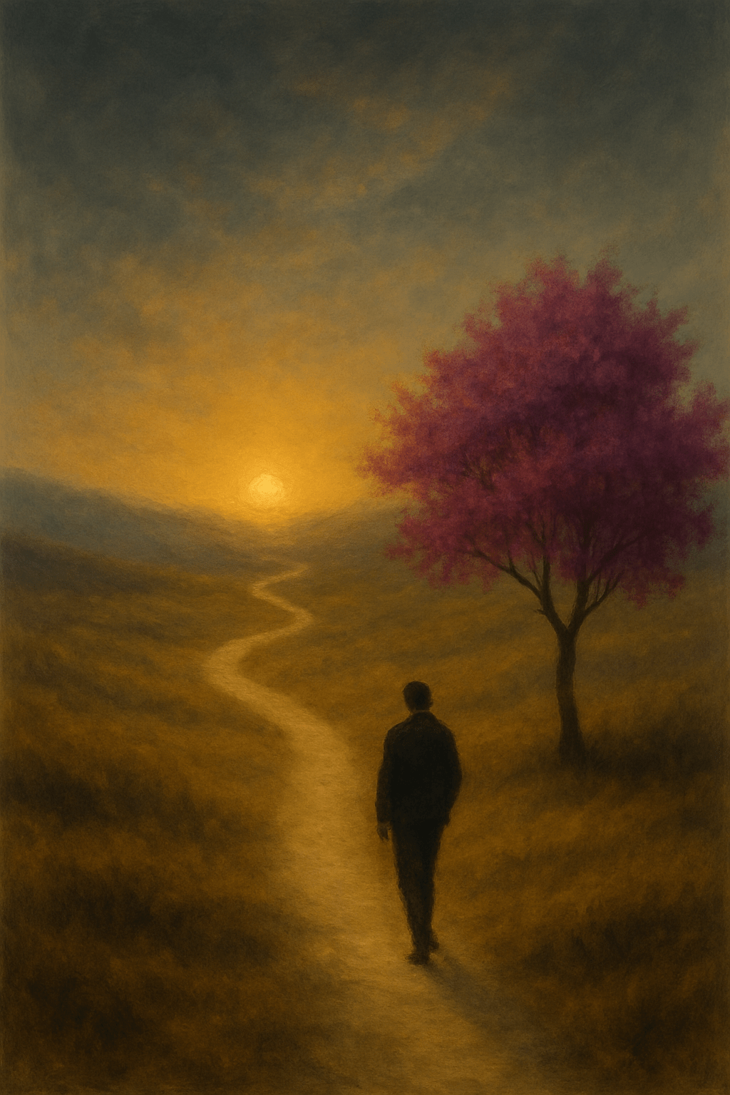 A solitary figure walks a winding path toward the sunrise, symbolising hope and new creation.