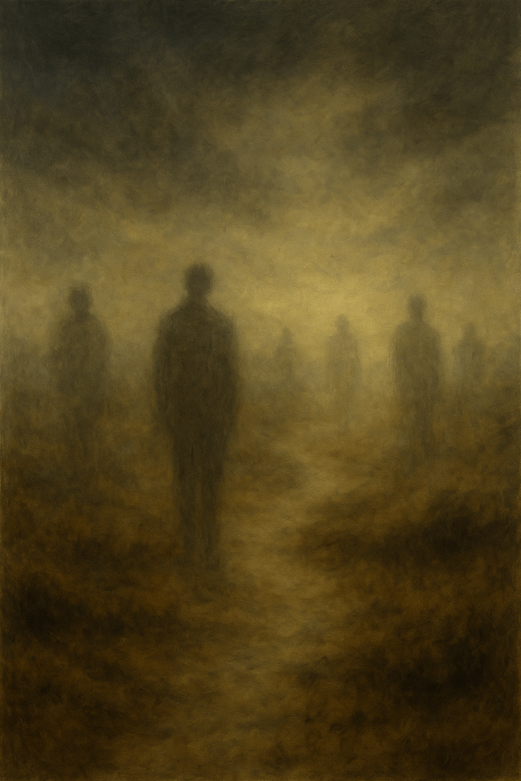 Five shadowed figures walk along a narrow path through a golden field toward distant mountains, under a dark, moody sky.