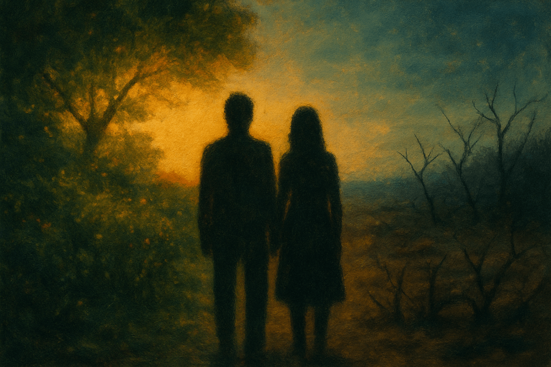 Two abstract silhouettes, male and female, stand together at twilight between a flourishing garden glowing with golden light and a barren wilderness of dry soil and thorns. The scene symbolises humanity east of Eden, caught between exile and communion with God.