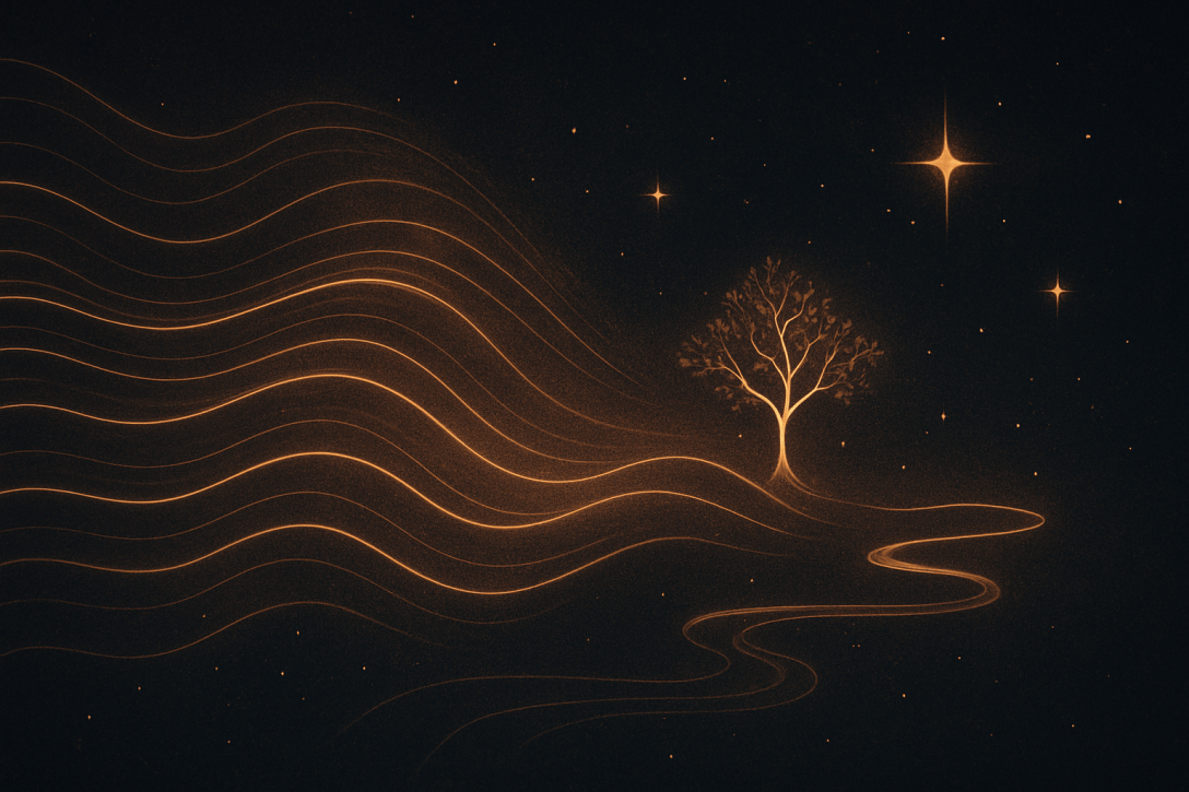 Abstract digital artwork of glowing sound waves transforming into rivers, trees, and stars against a dark cosmic background, symbolising words and speech as creation and life.