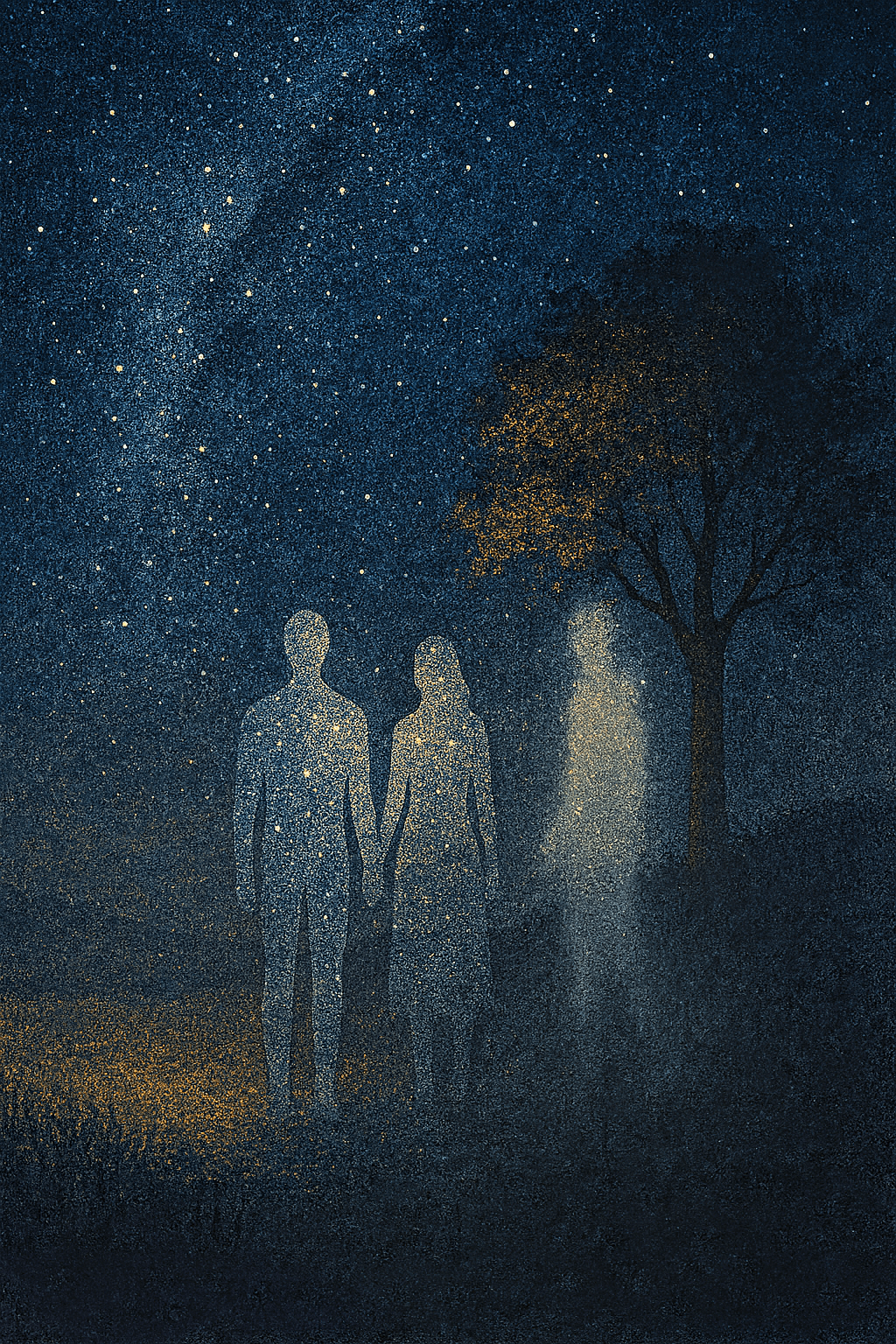 Abstract contemplative artwork of two glowing human silhouettes beneath a starry night sky, their bodies filled with starlight. Beside them stands a lone tree, half in shadow and half in light. Near the tree, a larger silhouette made of starlight represents God walking with them. The scene is cosmic, sacred, and symbolic, in deep blues, purples, and gold.