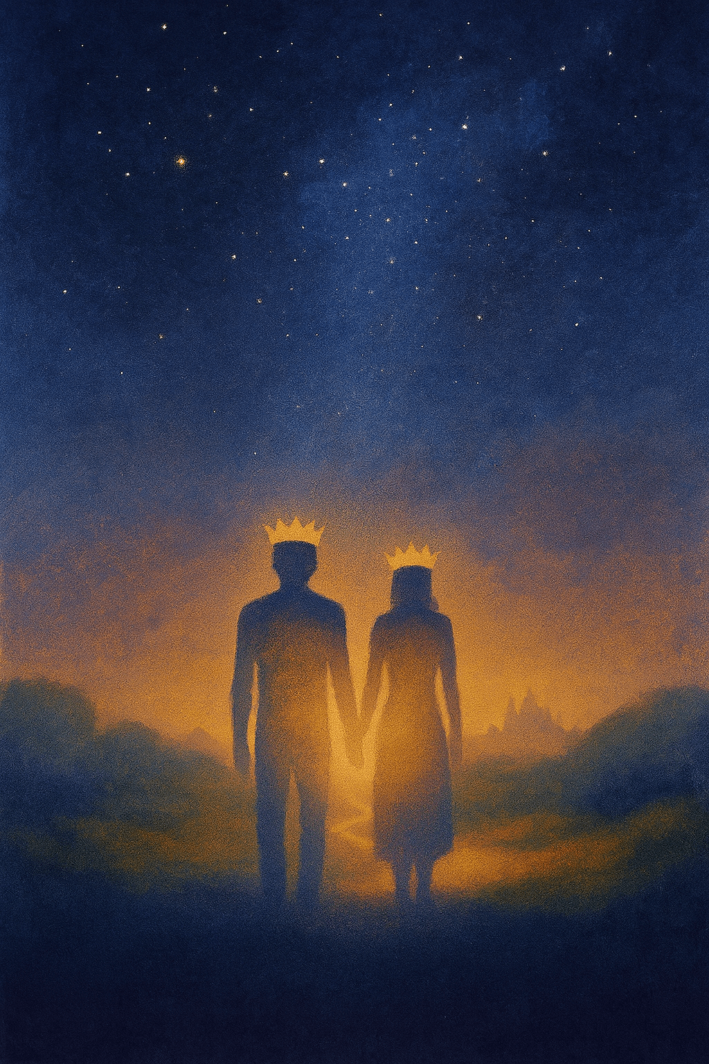 Abstract contemplative artwork of two glowing human silhouettes standing hand in hand under a vast starry night sky. Golden crowns rest on their heads, symbolising humanity’s royal vocation as the image of God. They are bathed in soft golden light, walking toward a distant radiant city on the horizon, with deep blues and purples blending into warm tones of dawn.”