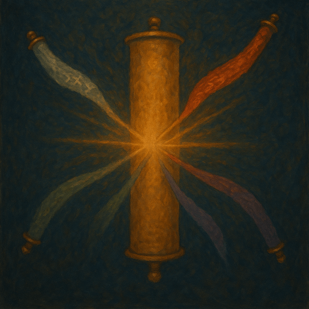 Abstract sacred artwork of an Elder Scroll splitting into five glowing scrolls—gold, silver, red, green, purple—whose crossing light beams form a radiant centre against a deep indigo sky, symbolising fractured prophecy and contested truths in The Elder Scrolls.