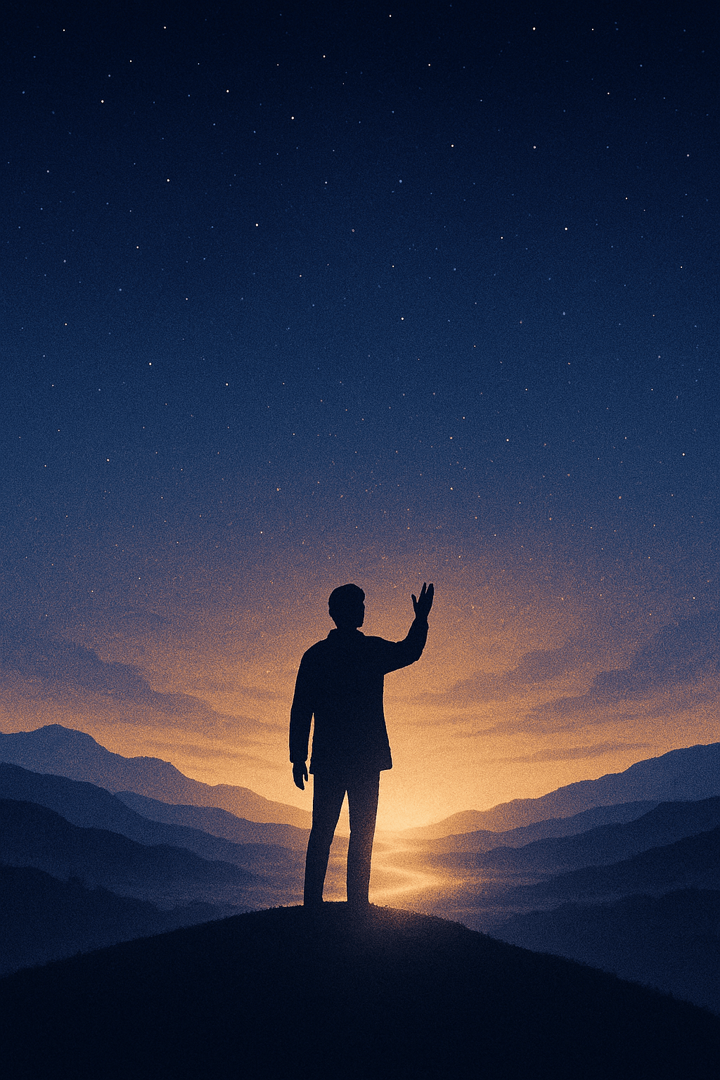 A lone silhouetted figure runs along a distant mountain ridge beneath a vast twilight sky of deep blue and violet. Golden light breaks at the horizon, symbolising heaven and earth meeting in the reign of God. The atmosphere is quiet, cosmic, and filled with hope.