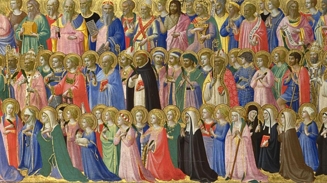 Fra Angelico's painting depicting rows of Christian saints and martyrs dressed in colourful robes, with golden halos against a gold background.